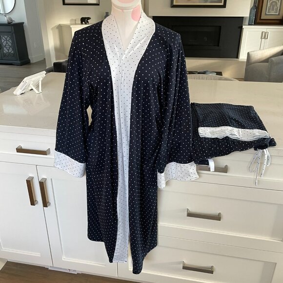 FN by Flora Nikrooz 2 pce Lounging Robe & Pants Polka Dot Print Navy White Sz L - Picture 15 of 15